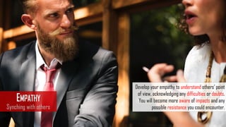 Empatia
EMPATHY
Synching with others
Develop your empathy to understand others’ point
of view, acknowledging any difficulties or doubts.
You will become more aware of impacts and any
possible resistance you could encounter.
 