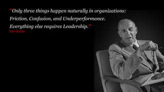 ”Only three things happen naturally in organizations:
Friction, Confusion, and Underperformance.
Everything else requires Leadership.”
Peter Drucker
 