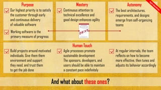 Our highest priority is to satisfy
the customer through early
and continuous delivery
of valuable software
Working software is the
primary measure of progress
Purpose Mastery
Continuous attention to
technical excellence and
good design enhances agility
Autonomy
The best architectures,
requirements, and designs
emerge from self-organizing
teams
Human Touch
Build projects around motivated
individuals. Give them them
environment and support
they need, and trust them
to get the job done
Agile processes promote
sustainable development
The sponsors, developers, and
users should be able to maintain
a constant pace indefinitely
At regular intervals, the team
reflects on how to become
more effective, then tunes and
adjusts its behavior accordingly
And what about these ones?
 