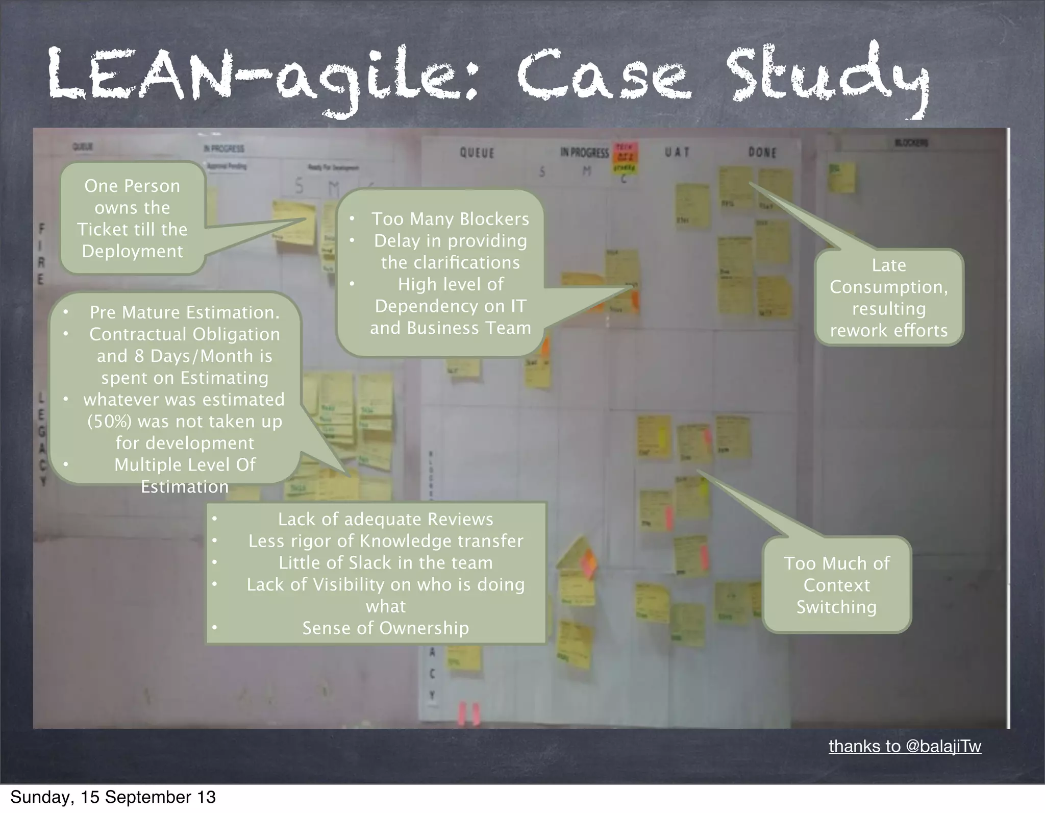 • Pre Mature Estimation.
• Contractual Obligation
and 8 Days/Month is
spent on Estimating
• whatever was estimated
(50%) was not taken up
for development
• Multiple Level Of
Estimation
• Too Many Blockers
• Delay in providing
the clariﬁcations
• High level of
Dependency on IT
and Business Team
Late
Consumption,
resulting
rework efforts
Too Much of
Context
Switching
• Lack of adequate Reviews
• Less rigor of Knowledge transfer
• Little of Slack in the team
• Lack of Visibility on who is doing
what
• Sense of Ownership
One Person
owns the
Ticket till the
Deployment
LEAN-agile: Case Study
thanks to @balajiTw
Sunday, 15 September 13
 