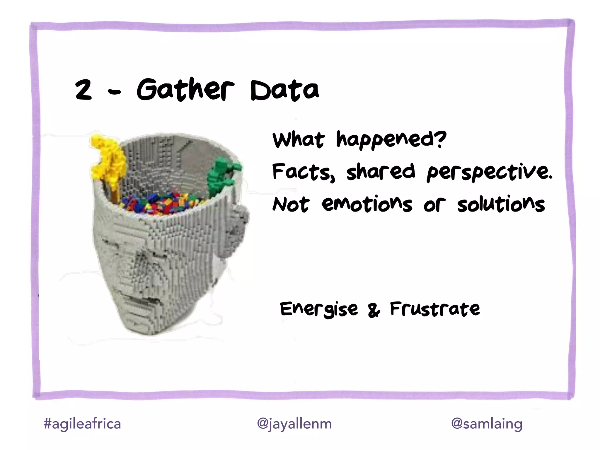 #agileafrica @jayallenm @samlaing
2 - Gather Data
Energise & Frustrate
What happened?
Facts, shared perspective.
Not emotions or solutions