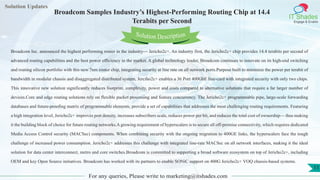 Lorem
ipsum dolor sit
amet, consectetuer
adipiscing elit, sed diam
nonummy
nib
Solution Updates
IT Shades
Engage & Enable
Broadcom Samples Industry’s Highest-Performing Routing Chip at 14.4
Terabits per Second
For any queries, Please write to marketing@itshades.com
11
Solution Description
Broadcom Inc. announced the highest performing router in the industry— Jericho2c+. An industry first, the Jericho2c+ chip provides 14.4 terabits per second of
advanced routing capabilities and the best power efficiency in the market. A global technology leader, Broadcom continues to innovate on its high-end switching
and routing silicon portfolio with this new 7nm router chip, integrating security at line rate on all network ports.Purpose built to minimize the power per terabit of
bandwidth in modular chassis and disaggregated distributed system, Jerciho2c+ enables a 36 Port 400GbE line-card with integrated security with only two chips.
This innovative new solution significantly reduces footprint, complexity, power and costs compared to alternative solutions that require a far larger number of
devices.Core and edge routing solutions rely on flexible packet processing and feature concurrency. The Jericho2c+ programmable pipe, large-scale forwarding
databases and future-proofing matrix of programmable elements, provide a set of capabilities that addresses the most challenging routing requirements. Featuring
a high integration level, Jericho2c+ improves port density, increases subscribers scale, reduces power per bit, and reduces the total cost of ownership— thus making
it the building block of choice for future routing networks.A growing requirement of hyperscalers is to secure all off-premise connectivity, which requires dedicated
Media Access Control security (MACSec) components. When combining security with the ongoing migration to 400GE links, the hyperscalers face the tough
challenge of increased power consumption. Jericho2c+ addresses this challenge with integrated line-rate MACSec on all network interfaces, making it the ideal
solution for data center interconnect, metro and core switches.Broadcom is committed to supporting a broad software ecosystem on top of Jericho2c+, including
OEM and key Open Source initiatives. Broadcom has worked with its partners to enable SONiC support on 400G Jericho2c+ VOQ chassis-based systems.
 