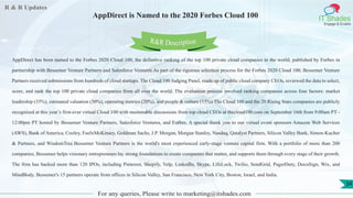 R & R Updates
IT Shades
Engage & Enable
AppDirect is Named to the 2020 Forbes Cloud 100
For any queries, Please write to marketing@itshades.com
34
AppDirect has been named to the Forbes 2020 Cloud 100, the definitive ranking of the top 100 private cloud companies in the world, published by Forbes in
partnership with Bessemer Venture Partners and Salesforce Ventures.As part of the rigorous selection process for the Forbes 2020 Cloud 100, Bessemer Venture
Partners received submissions from hundreds of cloud startups. The Cloud 100 Judging Panel, made up of public cloud company CEOs, reviewed the data to select,
score, and rank the top 100 private cloud companies from all over the world. The evaluation process involved ranking companies across four factors: market
leadership (35%), estimated valuation (30%), operating metrics (20%), and people & culture (15%).The Cloud 100 and the 20 Rising Stars companies are publicly
recognized at this year’s first-ever virtual Cloud 100 with memorable discussions from top cloud CEOs at thecloud100.com on September 16th from 9:00am PT -
12:00pm PT hosted by Bessemer Venture Partners, Salesforce Ventures, and Forbes. A special thank you to our virtual event sponsors Amazon Web Services
(AWS), Bank of America, Cooley, FuelxMcKinsey, Goldman Sachs, J.P. Morgan, Morgan Stanley, Nasdaq, Qatalyst Partners, Silicon Valley Bank, Simon-Kucher
& Partners, and WisdomTree.Bessemer Venture Partners is the world's most experienced early-stage venture capital firm. With a portfolio of more than 200
companies, Bessemer helps visionary entrepreneurs lay strong foundations to create companies that matter, and supports them through every stage of their growth.
The firm has backed more than 120 IPOs, including Pinterest, Shopify, Yelp, LinkedIn, Skype, LifeLock, Twilio, SendGrid, PagerDuty, DocuSign, Wix, and
MindBody. Bessemer's 15 partners operate from offices in Silicon Valley, San Francisco, New York City, Boston, Israel, and India.
R&R Description
 