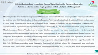 R & R Updates
IT Shades
Engage & Enable
MuleSoft Positioned as a Leader in the Gartner Magic Quadrant for Enterprise Integration
Platform as a Service and the Magic Quadrant for Full Life Cycle API Management
For any queries, Please write to marketing@itshades.com
48
MuleSoft, provider of the world’s #1 integration and API platform, announced that Gartner has recognized the company as a Leader for
the sixth time in the 2020 Magic Quadrant for Enterprise Integration Platform as a Service (iPaaS). In addition, MuleSoft has been named
a Leader for the fifth consecutive time in the 2020 Gartner Magic Quadrant for Full Life Cycle API Management. To address today’s
digital acceleration, organizations in every industry must unlock data quickly in a way that increases their speed, agility and efficiency.
MuleSoft’s Anypoint Platform™ makes it easy to connect data from any system — no matter where it resides — to deliver critical,
time-sensitive projects. Companies can start fast and realize immediate value, all in a future-proof way that turns data and processes into
composable building blocks. By making these building blocks discoverable and reusable across their organization, businesses can
become a truly composable enterprise.With MuleSoft being recognized as a Leader again in both the Gartner Magic Quadrant for Full
Life Cycle API Management and the Magic Quadrant for Enterprise iPaaS, MuleSoft believes this validates that it is the only leading
solution to offer a single, unified platform to manage the full end-to-end integration and API lifecycle, from design through management.
R&R Description
 