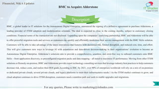 Lore Lorem
ipsum
dolor sit
amet,
consec-
tetuer
Financial, M&A Updates
IT Shades
Engage & Enable
BMC to Acquire Alderstone
BMC, a global leader in IT solutions for the Autonomous Digital Enterprise, announced the signing of a definitive agreement to purchase Alderstone, a
leading provider of ITSM adoption and modernization solutions. The deal is expected to close in the coming months, subject to customary closing
conditions. Financial terms of the transaction are not disclosed. Expanding upon the companies’ years-long partnership, BMC and Alderstone will be able
to offer powerful migration tools and services so customers can quickly and efficiently modernize their service management with the BMC Helix solution.
Customers will be able to take advantage of the latest innovations and features with decreased risk, limited disruption, and reduced cost, time, and effort.
This will give customers new ways to leverage AI with automation and data-driven decision-making in their organizations’ evolution to become an
Autonomous Digital Enterprise. Alderstone’s solutions aim to provide a comprehensive, seamless, and error-free way to onboard customers onto BMC
Helix – from application discovery, to preconfigured migration packs and data mapping – all tuned to maximize IT performance. Moving from other ITSM
solutions or Remedy on-premise, BMC and Alderstone provide expert technology consulting services that leverage industry best practices to help customers
decrease risk, reduce costs, and realize their ROI goals.According to IDC, by 2021, over 90% of enterprises worldwide will rely on a mix of on-premises
or dedicated private clouds, several private clouds, and legacy platforms to meet their infrastructures needs.1 As the ITSM market continues to grow, and
cloud adoption continues to drive ITSM disruption, customers need a seamless path and tools to enable upgrades and migrations.
For any queries, Please write to marketing@itshades.com
Description
3
 