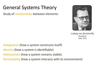 General Systems Theory
Autopoiesis (how a system constructs itself)
Identity (how a system is identifiable)
Homeostatis (how a system remains stable)
Permeability (how a system interacts with its environment)
Ludwig von Bertalanffy
(biologist)
1901-1972
Study of relationships between elements
 