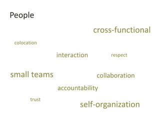 People
interaction
collaborationsmall teams
cross-functional
colocation
self-organization
trust
accountability
respect
 