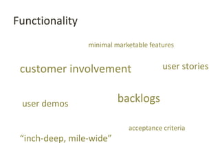 Functionality
customer involvement
backlogs
user stories
acceptance criteria
minimal marketable features
user demos
“inch-deep, mile-wide”
 