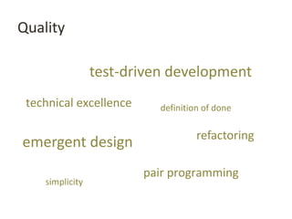 Quality
technical excellence
test-driven development
pair programming
definition of done
refactoring
emergent design
simplicity
 