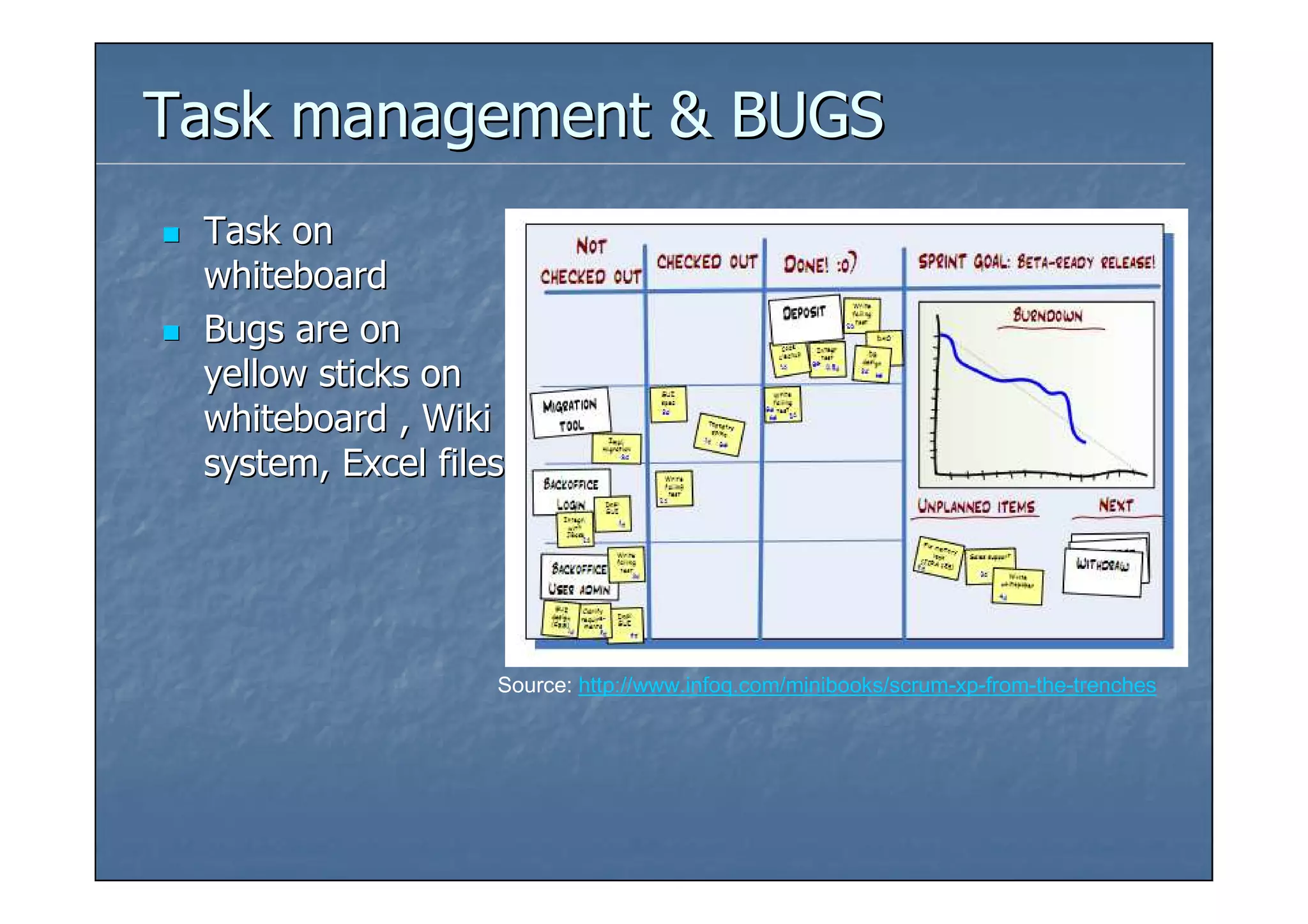 Task management & BUGS
 Task on
 whiteboard
 Bugs are on
 yellow sticks on
 whiteboard , Wiki
 system, Excel files




                   Source: http://www.infoq.com/minibooks/scrum-xp-from-the-trenches
 