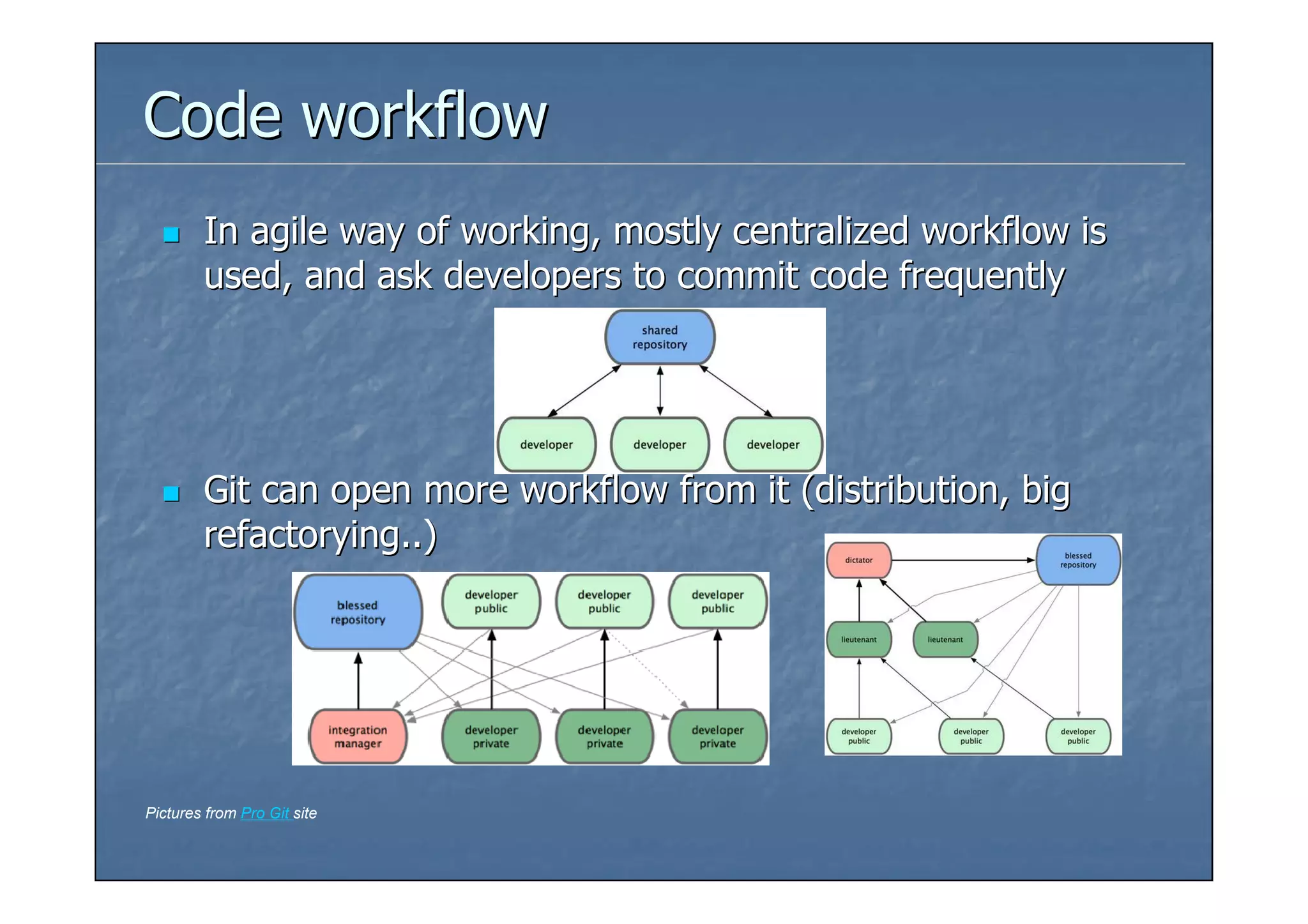 Code workflow
        In agile way of working, mostly centralized workflow is
        used, and ask developers to commit code frequently




        Git can open more workflow from it (distribution, big
        refactorying..)




Pictures from Pro Git site
 