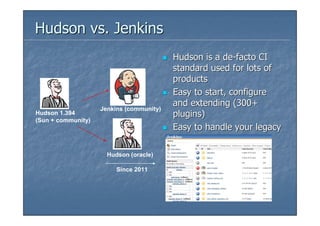 Hudson vs. Jenkins
                                          Hudson is a de-facto CI
                                          standard used for lots of
                                          products
                                          Easy to start, configure
                                          and extending (300+
                    Jenkins (community)
Hudson 1.394                              plugins)
(Sun + community)
                                          Easy to handle your legacy
                                          system
                      Hudson (oracle)

                         Since 2011
 