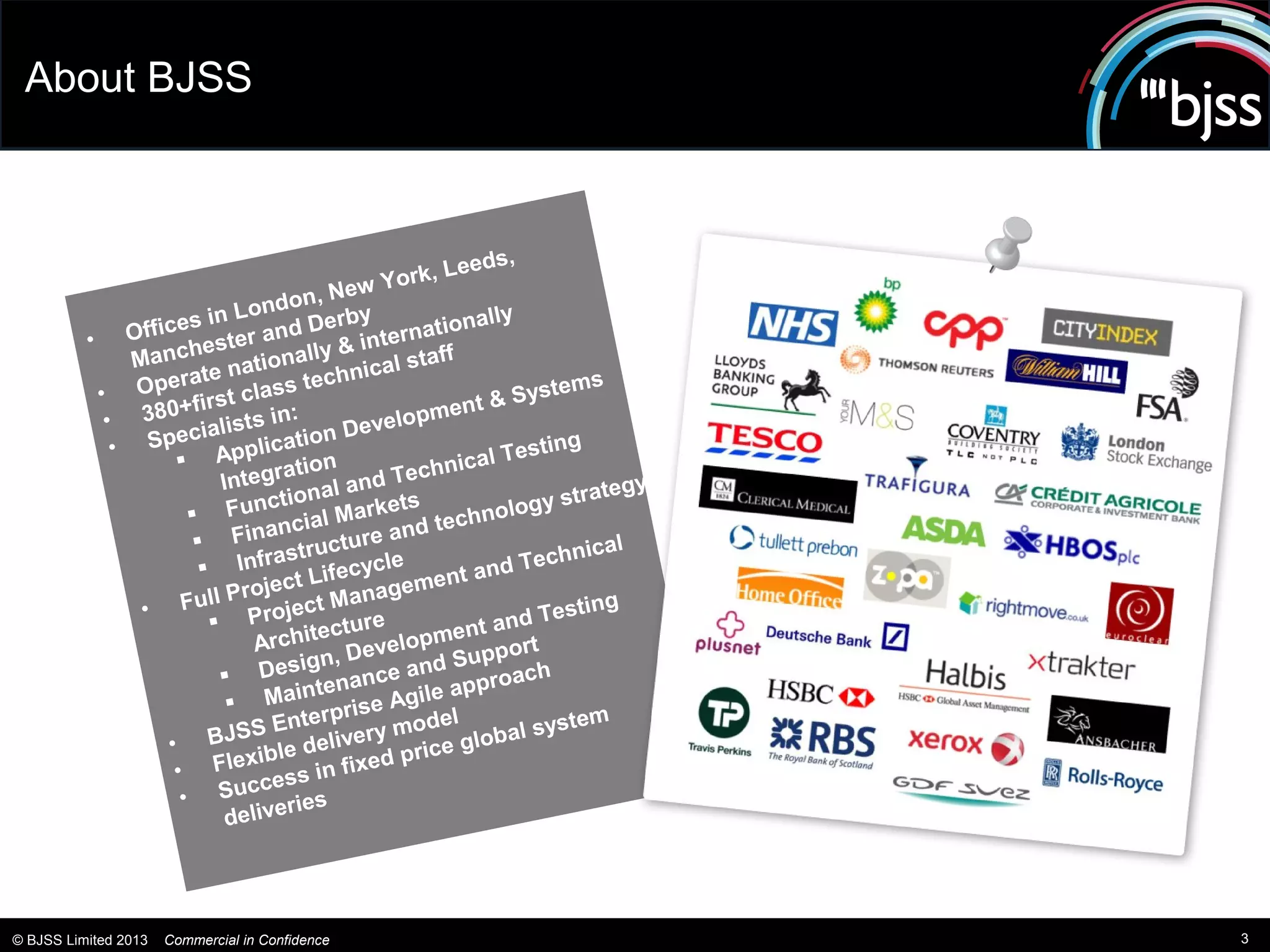 About BJSS



                                                            eeds,
                                                  Y  ork, L
                                         , New
                               ondon rby
                      s in L               e              onally
          •    Office ster and D                  ternati
               Manc
                      he                 ly & in staff
                            na  tional          ical
            • O  perate class techn                                    tems
                   0+fir   st                                 t & Sys
             • 38 ialists in:                          pmen
                    ec                        Develo
              • Sp                  ation                          esting
                          Applic ion                       ical T
                                    at                 chn
                           Integr nal and Te                               ategy
                              unctio l Markets                    o gy str
                       F               ia                 chnol
                        F     inanc            re  and te
                                      tructu                          chnic
                                                                            al
                             Infras ifecycle                 a nd Te
                                  ect L                ment
                         ll Proj ect Manage
                • Fu                j                                Testin
                                                                            g
                           Pro tecture                      nt and
                                Archi                 opme
                                       ign,   Devel d Support
                            Des tenance an pproach
                                      in                  a
                             Ma rprise Agile
                                  Ente                 odel           ystem
                         BJSS               ivery m ce global s
                   •               le del              ri
                    •     Flexib s in fixed p
                               cces
                     • Su eries
                            deliv




© BJSS Limited 2013   Commercial in Confidence                                     3
 