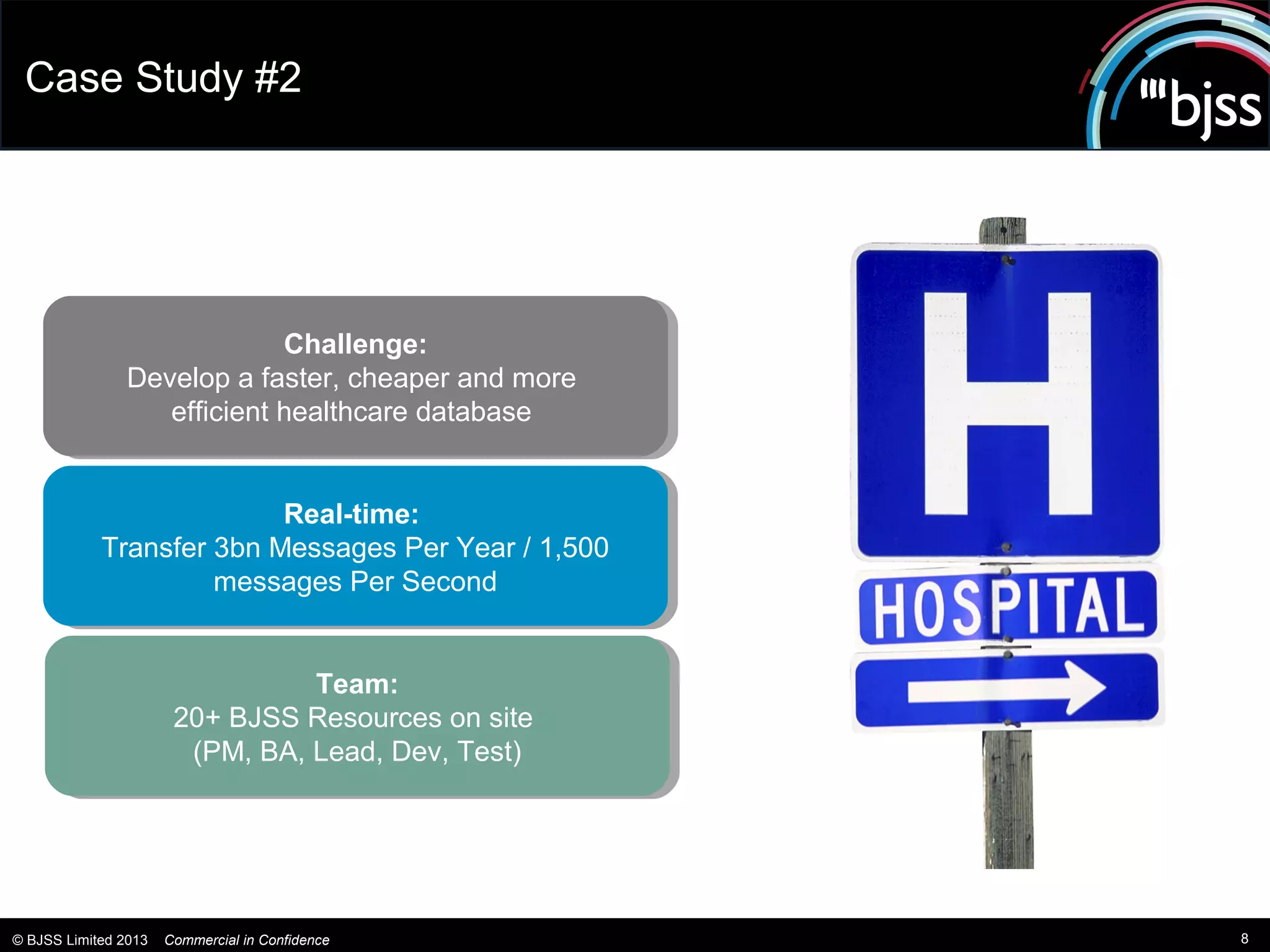 Case Study #2




                              Challenge:
                              Challenge:
                Develop a faster, cheaper and more
                Develop a faster, cheaper and more
                   efficient healthcare database
                    efficient healthcare database


                          Real-time:
                           Real-time:
            Transfer 3bn Messages Per Year / /1,500
             Transfer 3bn Messages Per Year 1,500
                     messages Per Second
                      messages Per Second


                                  Team:
                                   Team:
                       20+ BJSS Resources on site
                        20+ BJSS Resources on site
                         (PM, BA, Lead, Dev, Test)
                          (PM, BA, Lead, Dev, Test)




© BJSS Limited 2013   Commercial in Confidence        8
 
