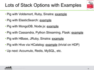 Lots of Stack Options with Examples
• Pig with Voldemort, Ruby, Sinatra: example
• Pig with ElasticSearch: example
• Pig w...