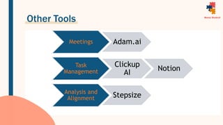Other Tools
Meetings Adam.ai
Task
Management
Clickup
AI
Notion
Analysis and
Alignment Stepsize
 