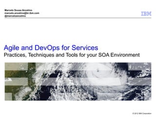 Marcelo Sousa Ancelmo
marcelo.ancelmo@br.ibm.com
@marceloancelmo




Agile and DevOps for Services
Practices, Techniques and Tools for your SOA Environment




                                                     © 2012 IBM Corporation
 