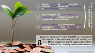 Early AI adopters see 2-3 pts yearly labor
productivity gains, indicating generative AI
meaningfully boost productivity
Workers impacted by partial AI automation
will likely redirect some of their freed capacity
to boost productive output
Workers displaced by AI will likely find new jobs
in occupations arising from AI or enabled by
demand stimulated by related productivity gains
These
phenomena
have
plenty
of
historical
precedent
Economist David Autor studied that 60% of workers today
are employed in jobs not existing in 1940, implying that
over 85% of employment growth happened since then,
is explained by technology-driven advancements
Goldman Sachs ! Economic Research -The Potentially Large Effects
of Artificial Intelligence on Economic Growth (Briggs/Kodnani)
 