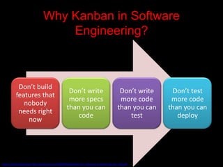 Why Kanban in Software
                                  Engineering?



           Don’t build
                                                Don’t write                           Don’t write     Don’t test
          features that
                                                more specs                            more code      more code
             nobody
                                               than you can                          than you can   than you can
           needs right
                                                   code                                  test          deploy
              now




https://leanandkanban.files.wordpress.com/2009/04/kanban-for-software-engineering-apr-242.pdf
 