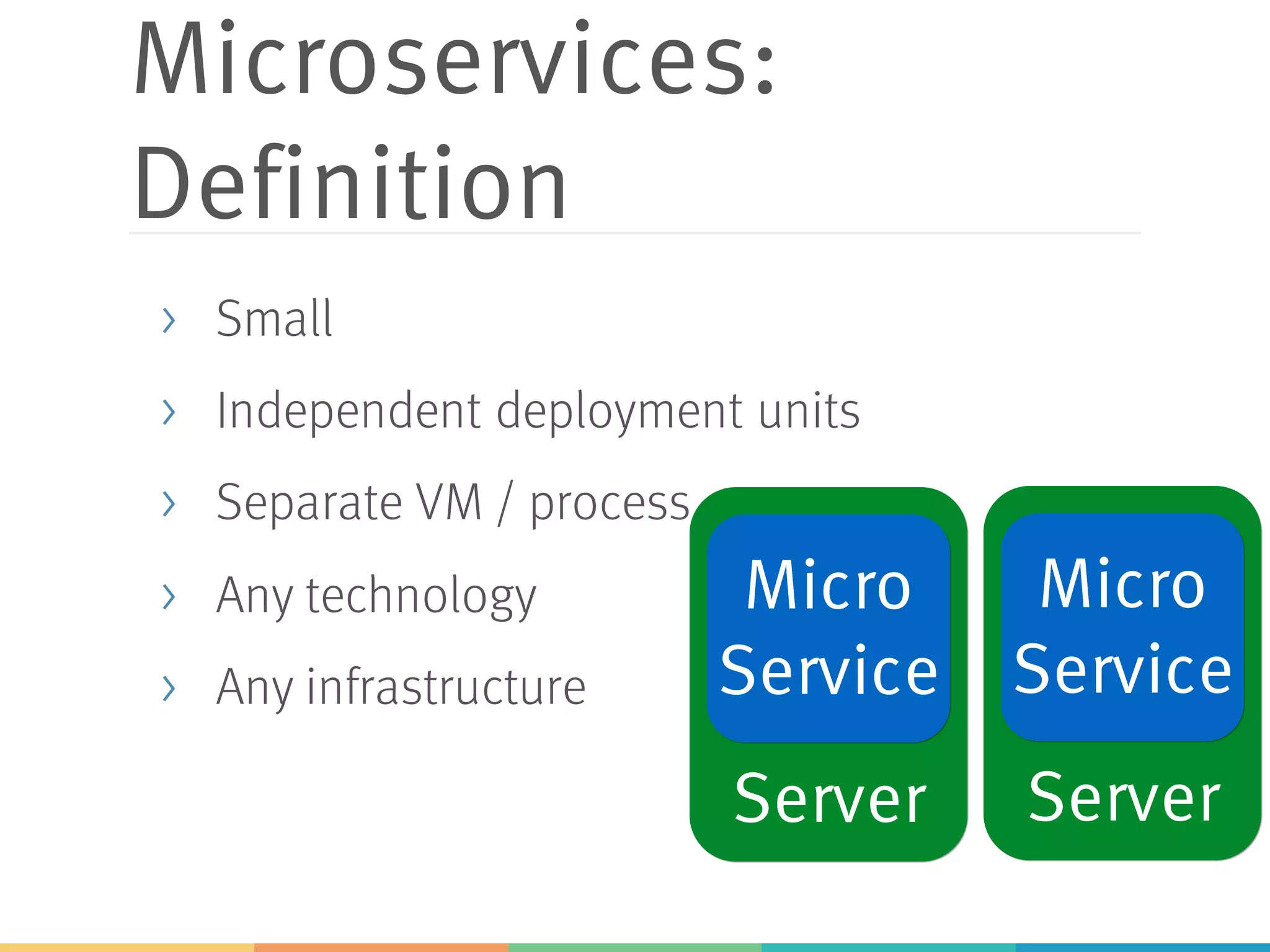 Server Server
Microservices:
Definition
> Small
> Independent deployment units
> Separate VM / process
> Any technology
> Any infrastructure
Micro
Service
Micro
Service
 