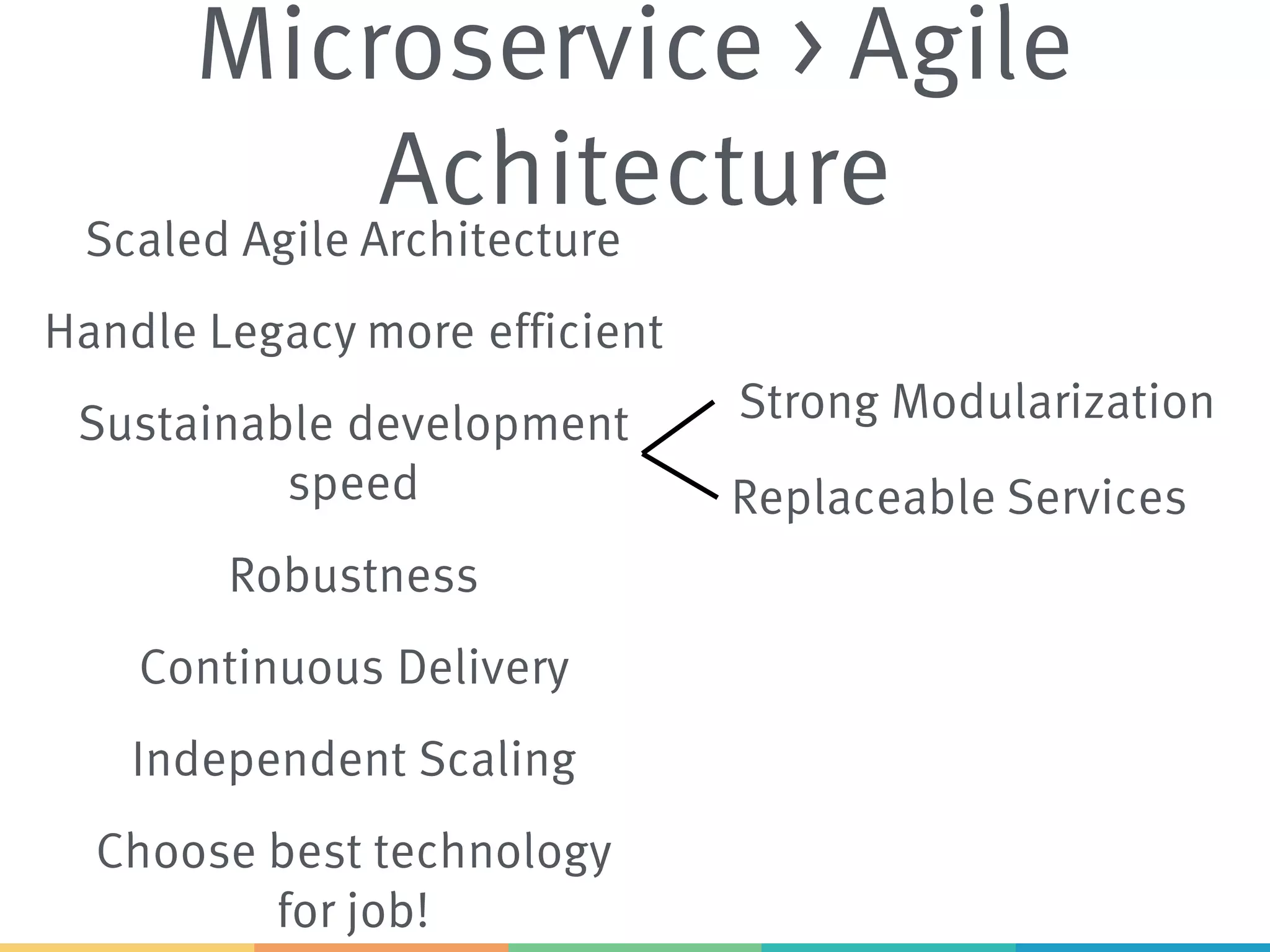 Microservice > Agile
Achitecture
Strong Modularization
Scaled Agile Architecture
Sustainable development
speed Replaceable Services
Continuous Delivery
Choose best technology
for job!
Handle Legacy more efficient
Independent Scaling
Robustness
 