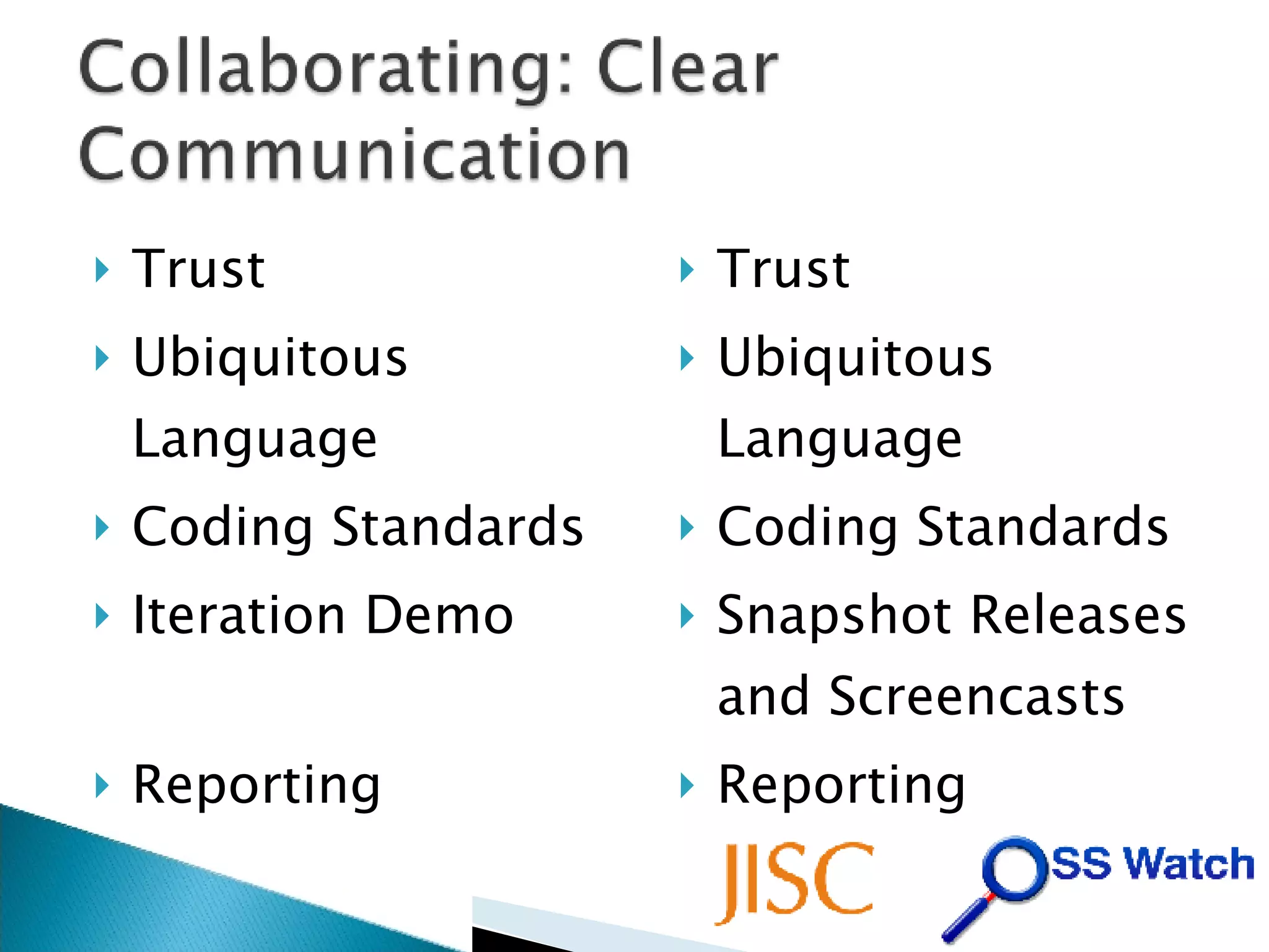 Trust Ubiquitous Language Coding Standards Iteration Demo Reporting Trust Ubiquitous Language Coding Standards Snapshot Releases and Screencasts Reporting 