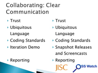 Trust Ubiquitous Language Coding Standards Iteration Demo Reporting Trust Ubiquitous Language Coding Standards Snapshot Releases and Screencasts Reporting 