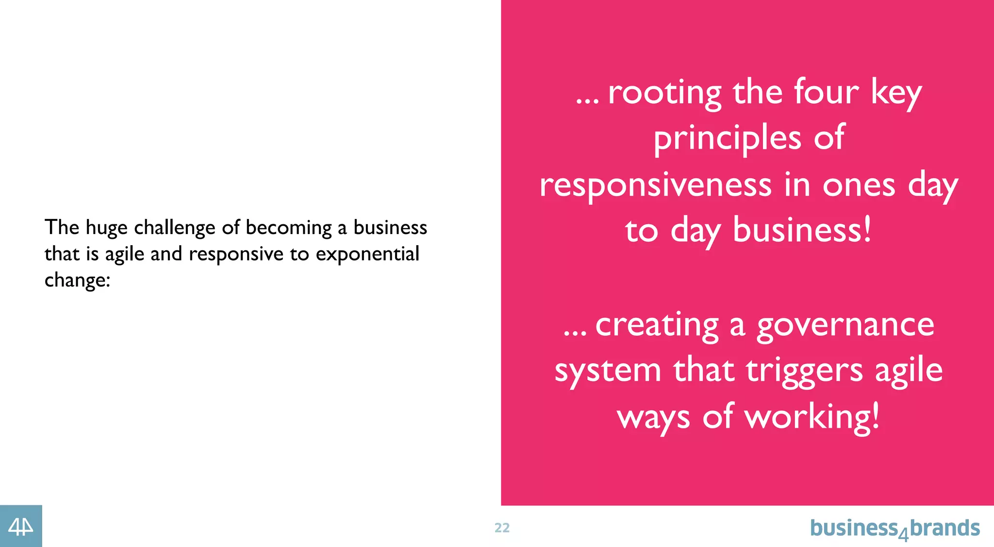 22
The huge challenge of becoming a business
that is agile and responsive to exponential
change:
... rooting the four key
principles of
responsiveness in ones day
to day business!
... creating a governance
system that triggers agile
ways of working!
 