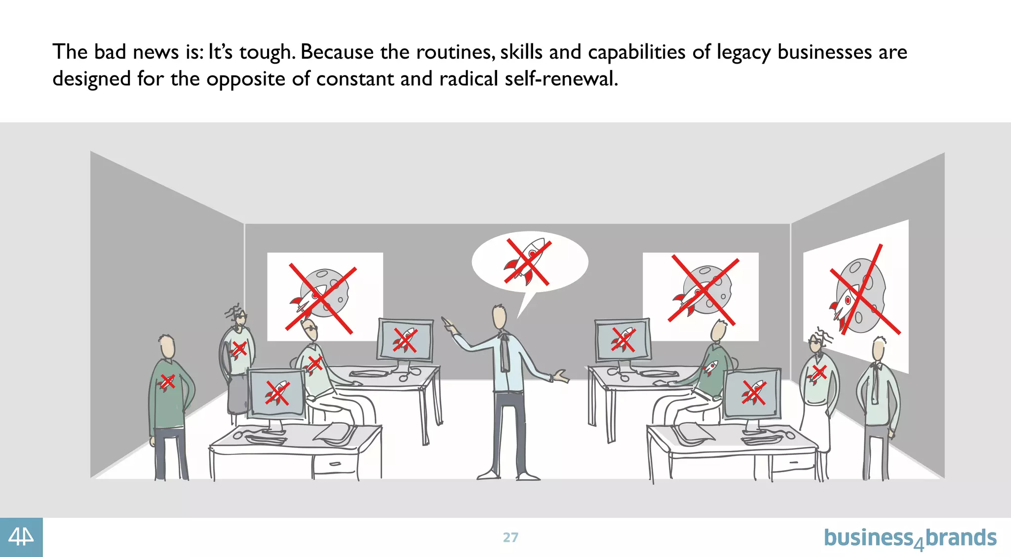 27
The bad news is: It’s tough. Because the routines, skills and capabilities of legacy businesses are
designed for the opposite of constant and radical self-renewal.
 