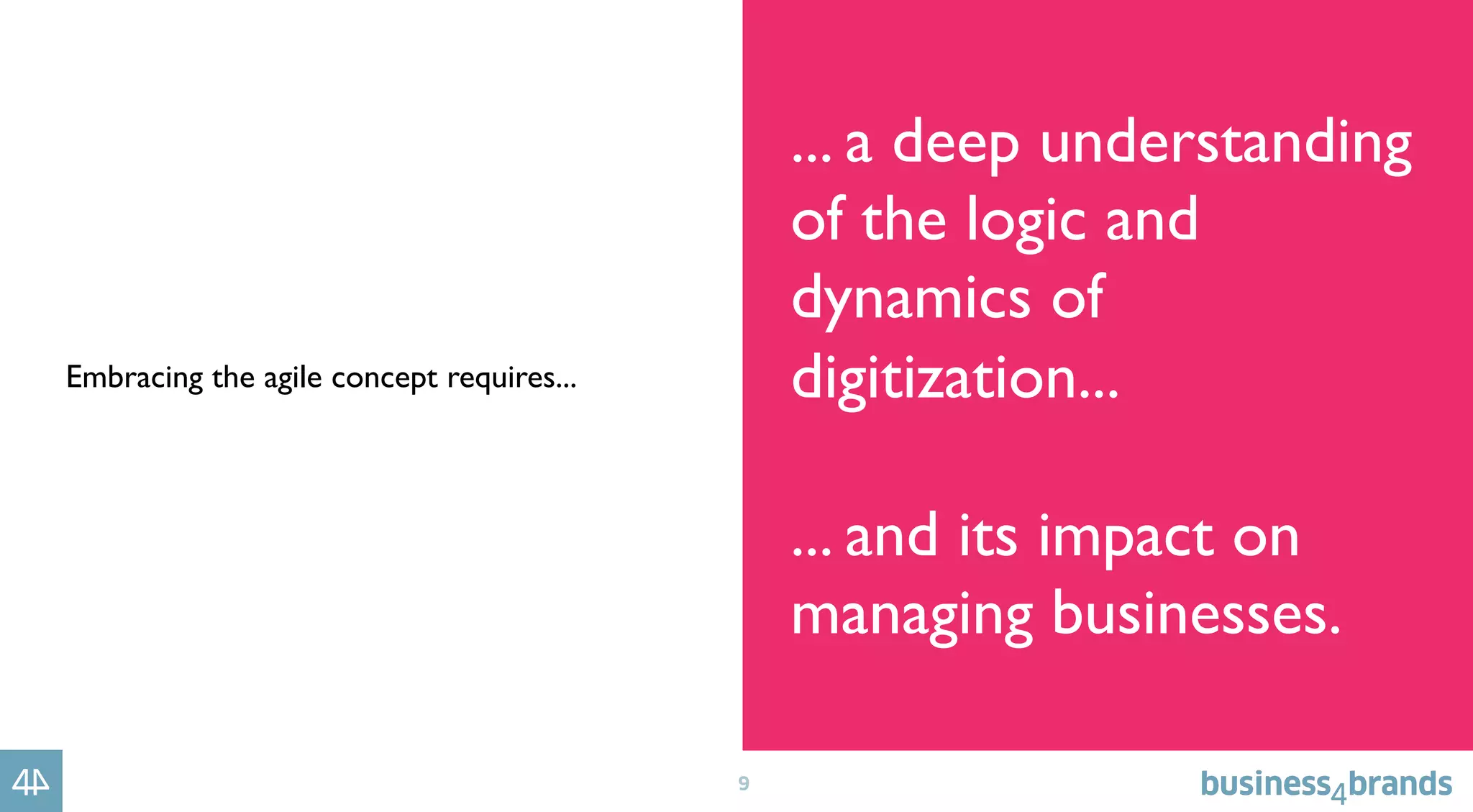 9
Embracing the agile concept requires...
... a deep understanding
of the logic and
dynamics of
digitization...
... and its impact on
managing businesses.
 
