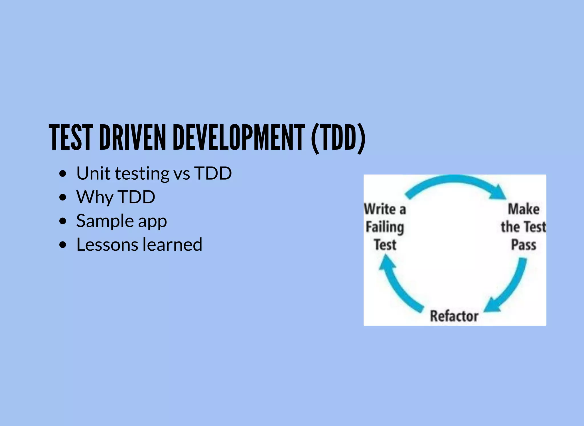 TEST DRIVEN DEVELOPMENT (TDD)
Unit testing vs TDD
Why TDD
Sample app
Lessons learned
 