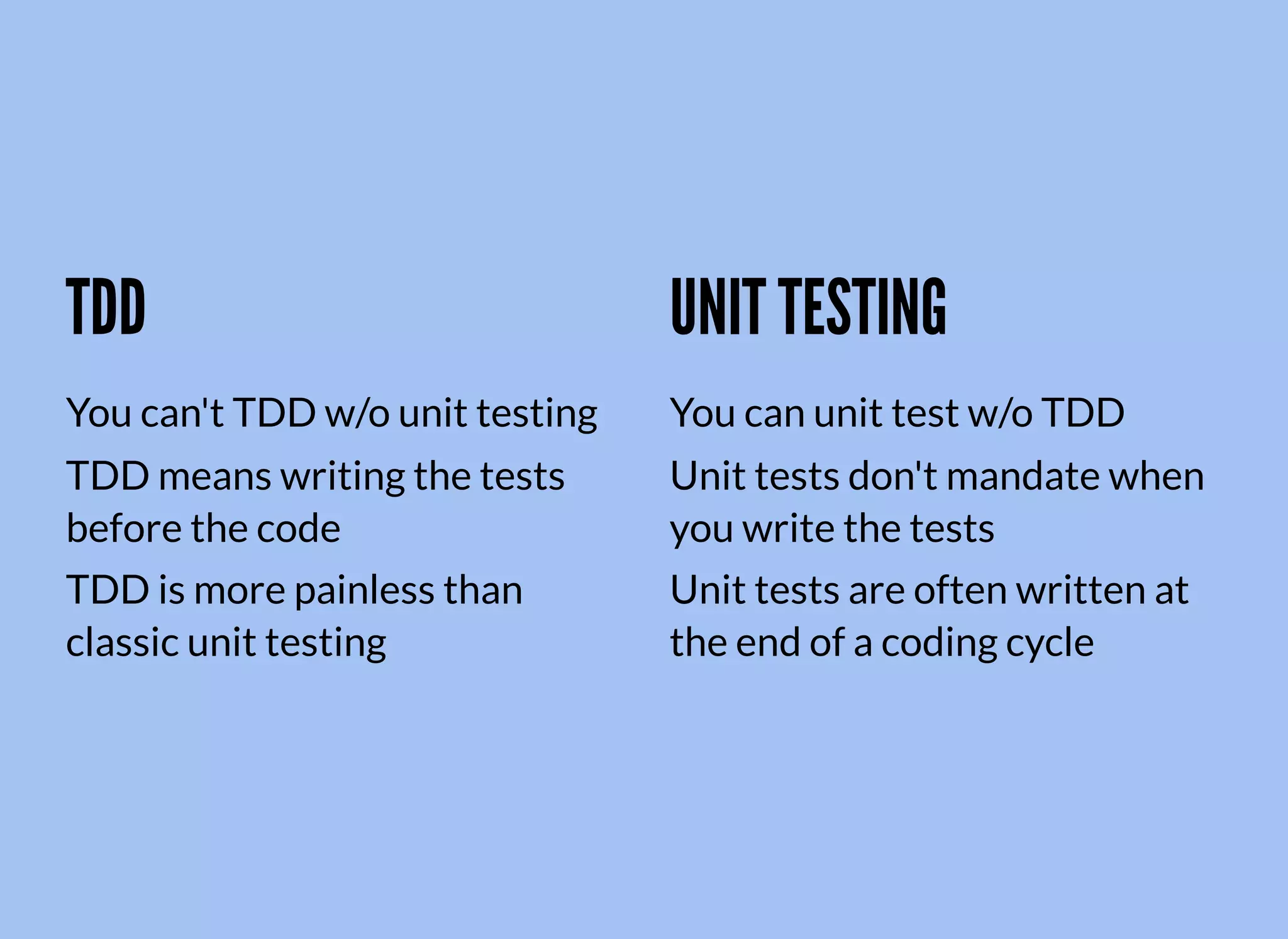TDD
You can't TDD w/o unit testing
TDD means writing the tests
before the code
TDD is more painless than
classic unit testing
UNIT TESTING
You can unit test w/o TDD
Unit tests don't mandate when
you write the tests
Unit tests are often written at
the end of a coding cycle
 