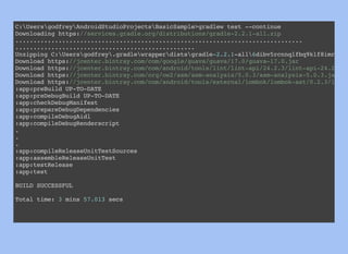 C:UsersgodfreyAndroidStudioProjectsBasicSample>gradlew test --continue
Downloading https://services.gradle.org/distributions/gradle-2.2.1-all.zip
................................................................................
..................................................
Unzipping C:Usersgodfrey.gradlewrapperdistsgradle-2.2.1-all6dibv5rcnnqlfbq9klf8imrndn
Download https://jcenter.bintray.com/com/google/guava/guava/17.0/guava-17.0.jar
Download https://jcenter.bintray.com/com/android/tools/lint/lint-api/24.2.3/lint-api-24.2.3.j
Download https://jcenter.bintray.com/org/ow2/asm/asm-analysis/5.0.3/asm-analysis-5.0.3.jar
Download https://jcenter.bintray.com/com/android/tools/external/lombok/lombok-ast/0.2.3/lombo
:app:preBuild UP-TO-DATE
:app:preDebugBuild UP-TO-DATE
:app:checkDebugManifest
:app:prepareDebugDependencies
:app:compileDebugAidl
:app:compileDebugRenderscript
.
.
.
:app:compileReleaseUnitTestSources
:app:assembleReleaseUnitTest
:app:testRelease
:app:test
BUILD SUCCESSFUL
Total time: 3 mins 57.013 secs
 