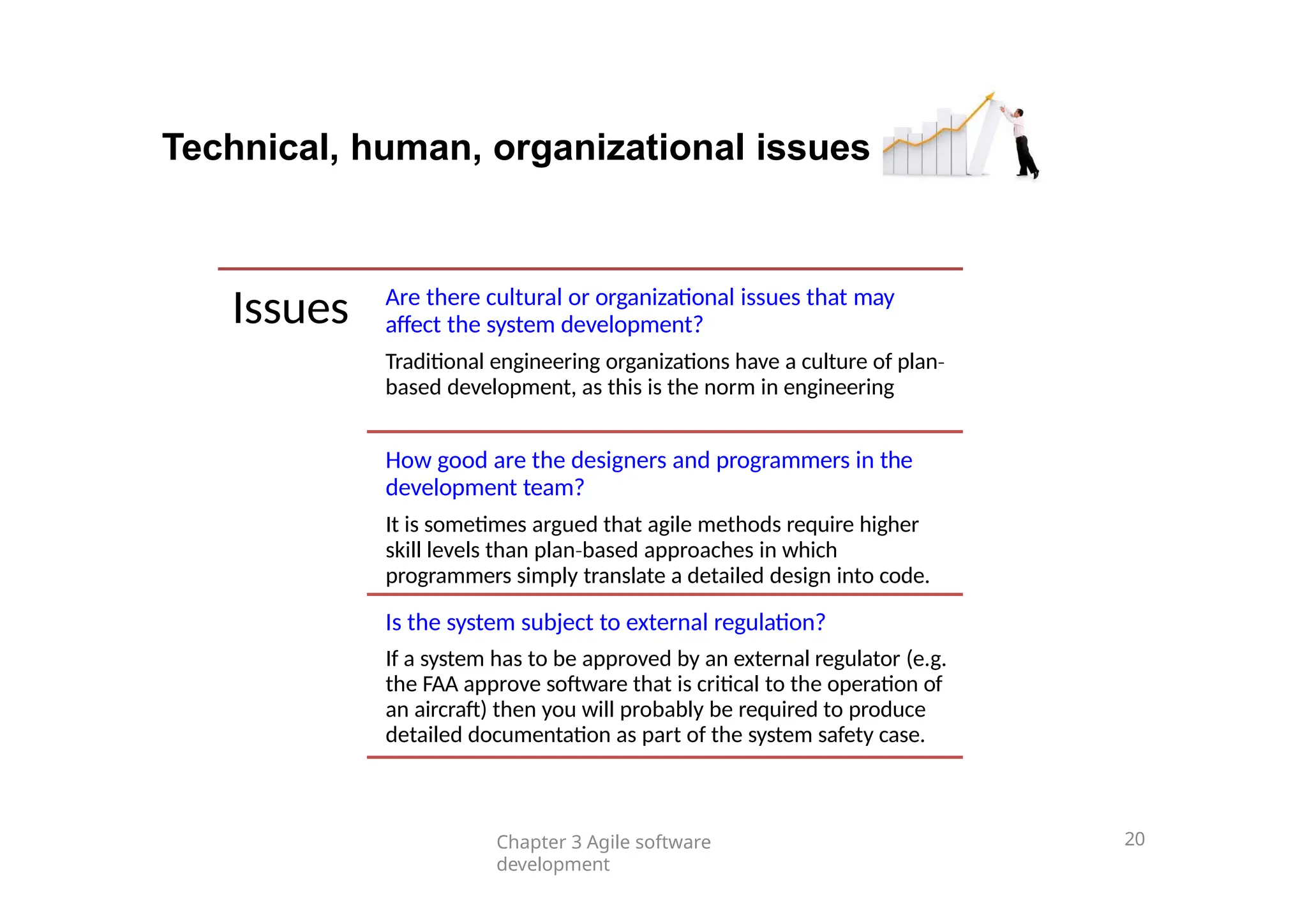 Technical, human, organizational issues
Issues Are there cultural or organizational issues that may
affect the system development?
Traditional engineering organizations have a culture of plan‐
based development, as this is the norm in engineering
How good are the designers and programmers in the
development team?
It is sometimes argued that agile methods require higher
skill levels than plan based
‐ approaches in which
programmers simply translate a detailed design into code.
Is the system subject to external regulation?
If a system has to be approved by an external regulator (e.g.
the FAA approve software that is critical to the operation of
an aircraft) then you will probably be required to produce
detailed documentation as part of the system safety case.
Chapter 3 Agile software
development
20
 