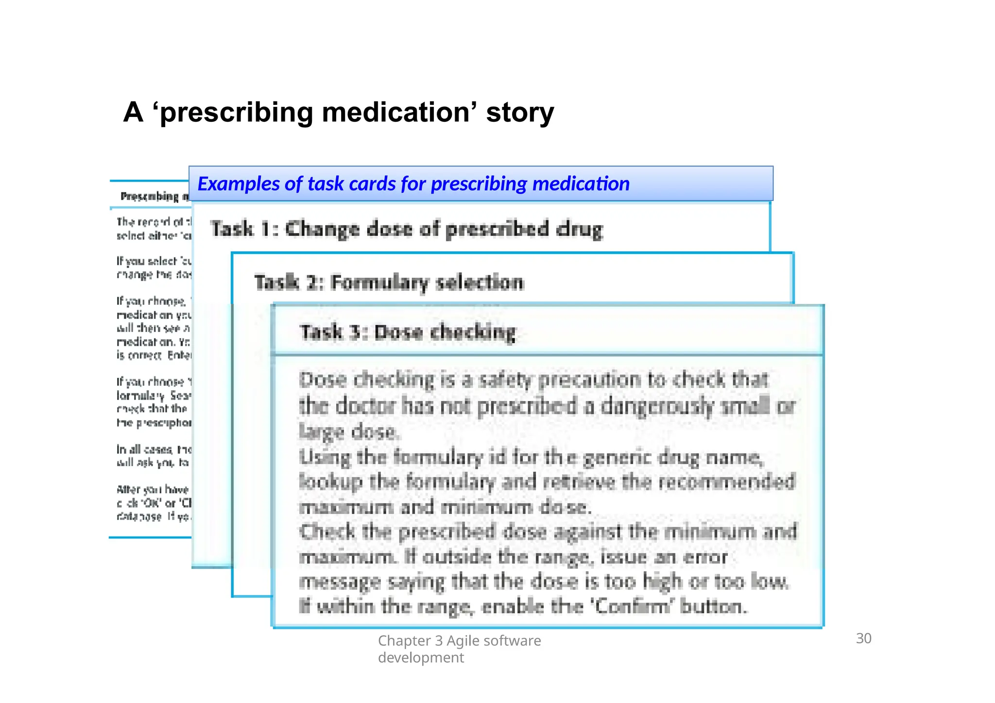 A ‘prescribing medication’ story
Chapter 3 Agile software
development
30
Examples of task cards for prescribing medication
 