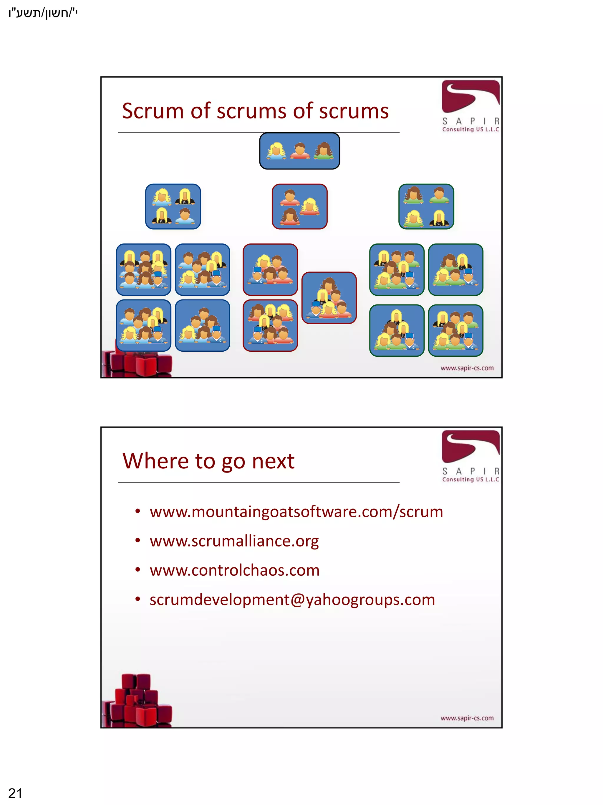 ‫י‬'/‫חשון‬/‫תשע‬"‫ו‬
21
Scrum of scrums of scrums
Where to go next
• www.mountaingoatsoftware.com/scrum
• www.scrumalliance.org
• www.controlchaos.com
• scrumdevelopment@yahoogroups.com
 