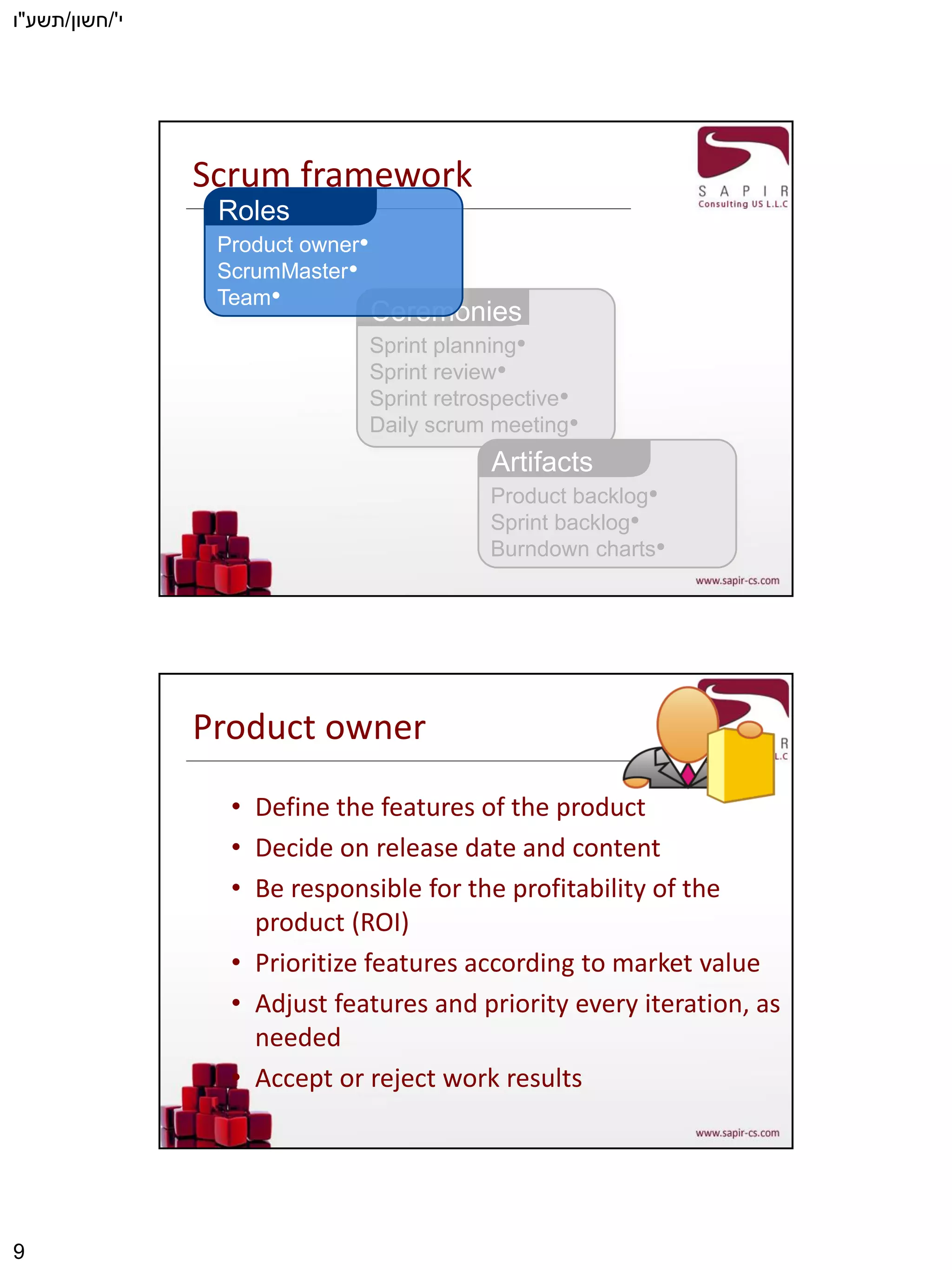 ‫י‬'/‫חשון‬/‫תשע‬"‫ו‬
9
Scrum framework
•Sprint planning
•Sprint review
•Sprint retrospective
•Daily scrum meeting
Ceremonies
•Product backlog
•Sprint backlog
•Burndown charts
Artifacts
•Product owner
•ScrumMaster
•Team
Roles
Product owner
• Define the features of the product
• Decide on release date and content
• Be responsible for the profitability of the
product (ROI)
• Prioritize features according to market value
• Adjust features and priority every iteration, as
needed
• Accept or reject work results
 
