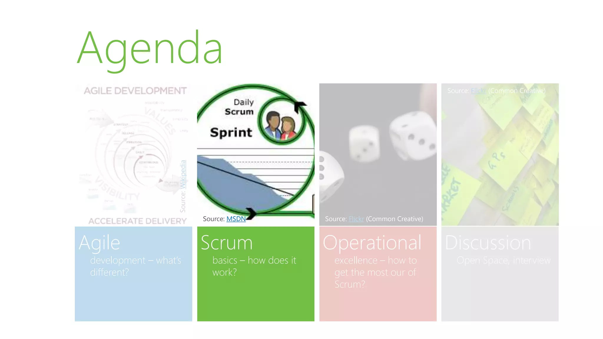Agile
development – what’s
different?
Agenda
Scrum
basics – how does it
work?
Operational
excellence – how to
get the most our of
Scrum?
Discussion
Open Space, interview
Source: Flickr (Common Creative)Source: MSDN
Source:Wikipedia
Source: Flickr (Common Creative)
 