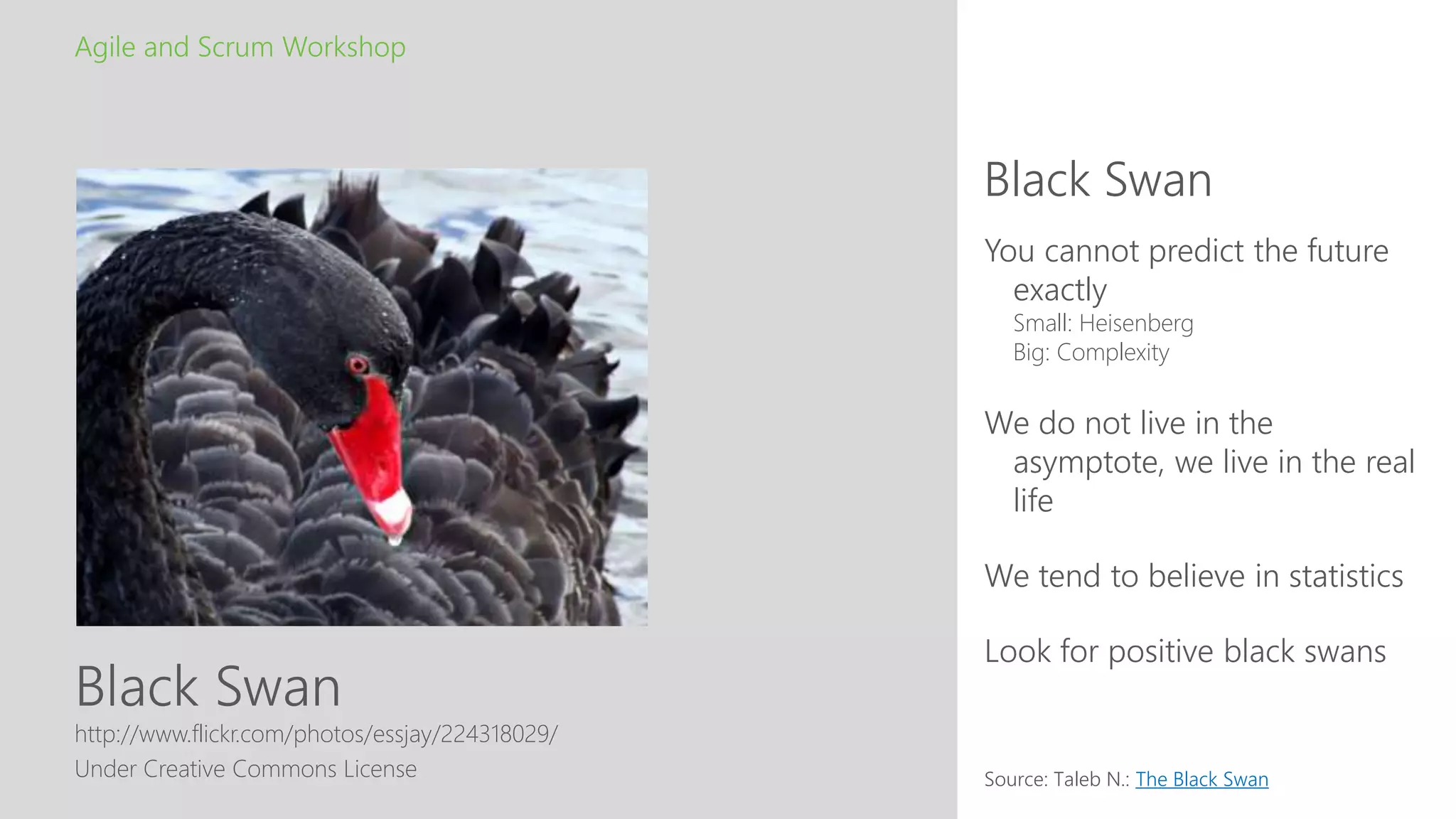 Black Swan
Black Swan
Agile and Scrum Workshop
http://www.flickr.com/photos/essjay/224318029/
Under Creative Commons License
You cannot predict the future
exactly
Small: Heisenberg
Big: Complexity
We do not live in the
asymptote, we live in the real
life
We tend to believe in statistics
Look for positive black swans
Source: Taleb N.: The Black Swan
 