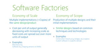 Software Factories
Multiple implementations (=Copies) of
the same design/product
 Cost per unit of output generally
decreasing with increasing scale as
fixed costs are spread out over more
units of output
 Examples
Manufacturing
Software (e.g. shipping versions on DVDs)
Economy of Scale
Production of multiple designs and their
initial implementations
 Similar designs based on common
techniques and technologies
 Examples
Construction industry (e.g. bridges, sky scrapers)
Custom software in a specific domain
Economy of Scope
 