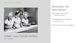Video: Lucy Candy Factory
Remember The
Agile Values?
Agile and Scrum Workshop
Source: YouTube
Self-organizing, cross-
functional team
Sustainable pace avoiding
crunch-time
Truth in every communication
 