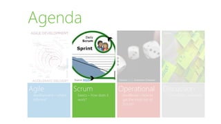 Agile
development – what’s
different?
Agenda
Scrum
basics – how does it
work?
Operational
excellence – how to
get the most our of
Scrum?
Discussion
Open Space, interview
Source: Flickr (Common Creative)Source: MSDN
Source:Wikipedia
Source: Flickr (Common Creative)
 