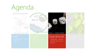 Agile
development – what’s
different?
Agenda
Scrum
basics – how does it
work?
Operational
excellence – how to
get the most our of
Scrum?
Discussion
Open Space, interview
Source: Flickr (Common Creative)Source: MSDN
Source:Wikipedia
Source: Flickr (Common Creative)
 
