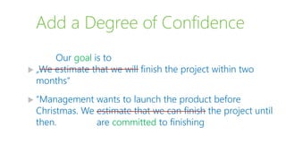 Add a Degree of Confidence
 „We estimate that we will finish the project within two
months“
 “Management wants to launch the product before
Christmas. We estimate that we can finish the project until
then.
Our goal is to
are committed to finishing
 