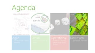 Agile
development – what’s
different?
Agenda
Scrum
basics – how does it
work?
Operational
excellence – how to
get the most our of
Scrum?
Discussion
Open Space, interview
Source: Flickr (Common Creative)Source: MSDN
Source:Wikipedia
Source: Flickr (Common Creative)
 