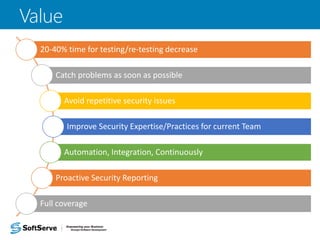 Value
20-40% time for testing/re-testing decrease
Catch problems as soon as possible
Avoid repetitive security issues
Improve Security Expertise/Practices for current Team
Automation, Integration, Continuously
Proactive Security Reporting
Full coverage
 