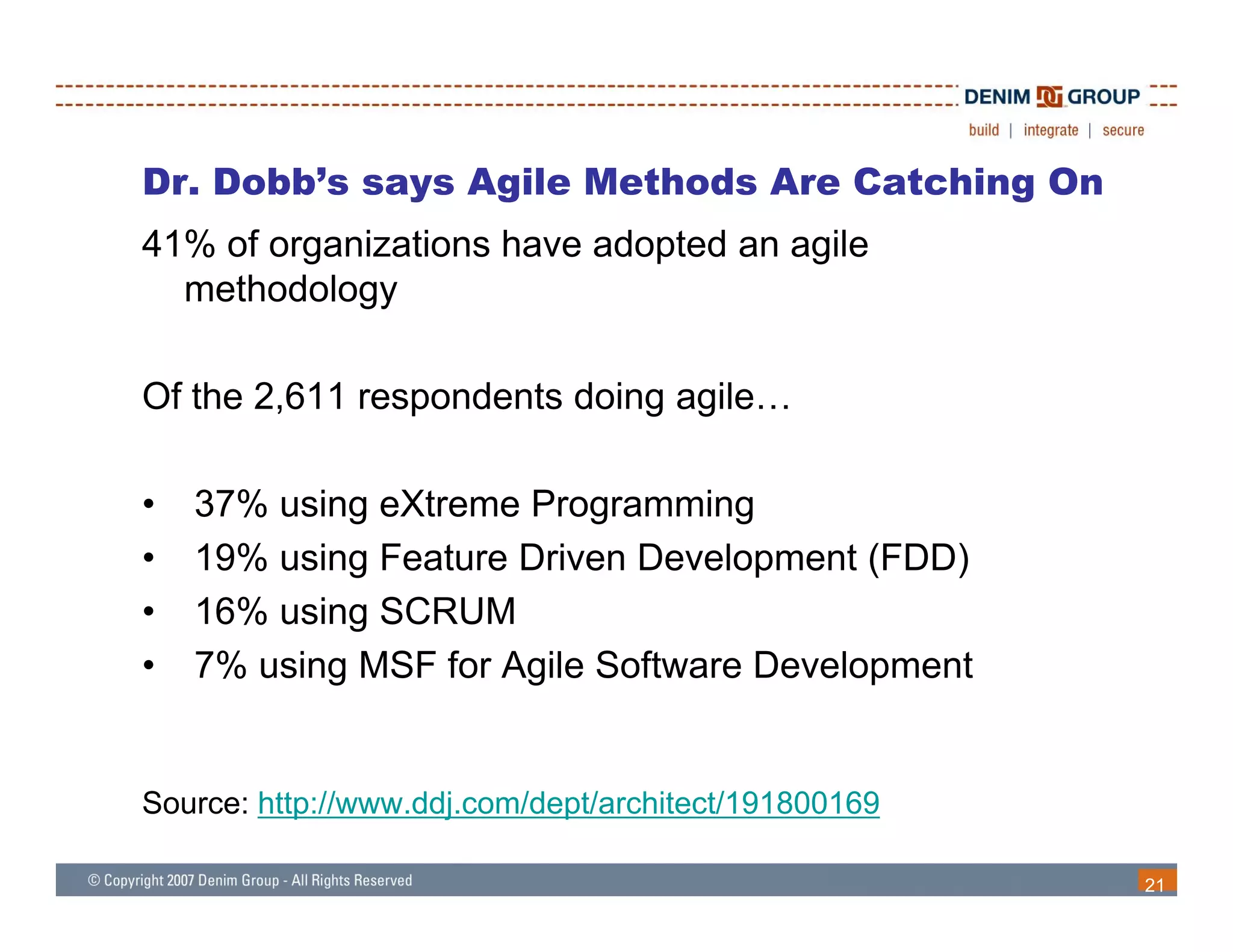 Dr.
Dr Dobb’s says Agile Methods Are Catching On
41% of organizations have adopted an agile
  methodology

Of the 2,611 respondents doing agile…
                p            g g

•   37% using eXtreme Programming
•   19% using Feature Driven Development (FDD)
•   16% using SCRUM
•   7% using MSF for Agile S ft
         i        f A il Software DDevelopment
                                       l     t


Source: http://www.ddj.com/dept/architect/191800169

                                                      21
 