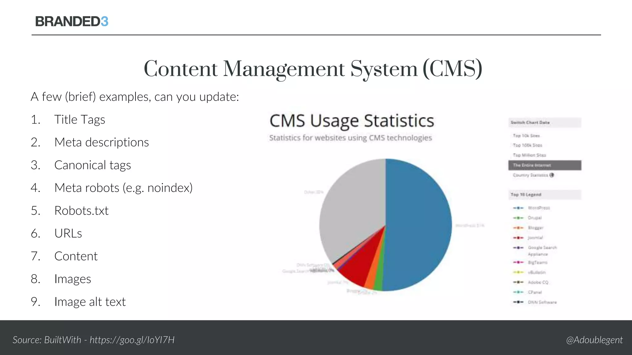 @AdoublegentSource: BuiltWith - https://goo.gl/IoYI7H
Content Management System (CMS)
A few (brief) examples, can you update:
1. Title Tags
2. Meta descriptions
3. Canonical tags
4. Meta robots (e.g. noindex)
5. Robots.txt
6. URLs
7. Content
8. Images
9. Image alt text
 
