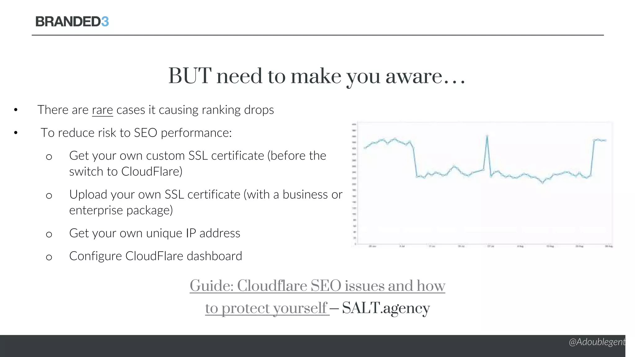 @Adoublegent
BUT need to make you aware…
• There are rare cases it causing ranking drops
• To reduce risk to SEO performance:
o Get your own custom SSL certificate (before the
switch to CloudFlare)
o Upload your own SSL certificate (with a business or
enterprise package)
o Get your own unique IP address
o Configure CloudFlare dashboard
Guide: Cloudflare SEO issues and how
to protect yourself – SALT.agency
 