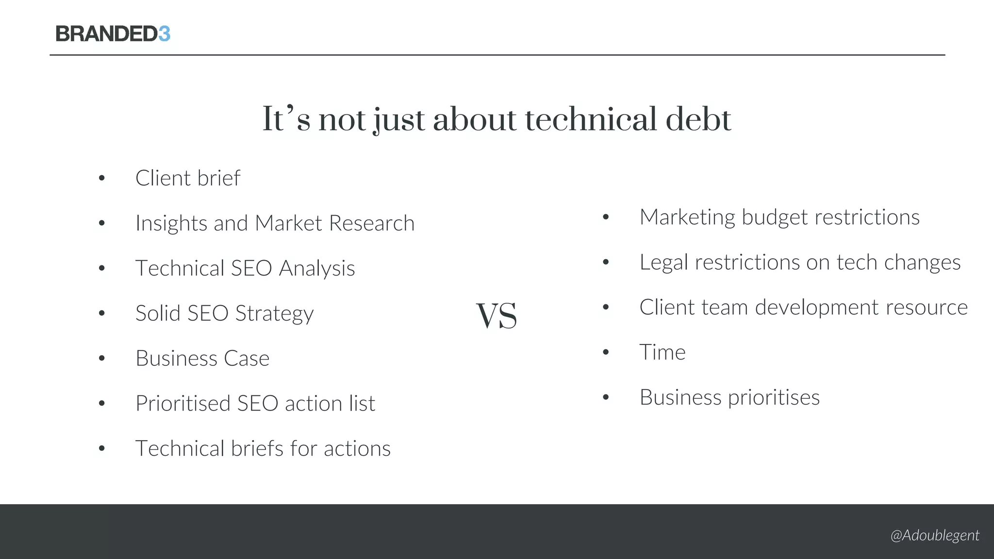 @Adoublegent
• Client brief
• Insights and Market Research
• Technical SEO Analysis
• Solid SEO Strategy
• Business Case
• Prioritised SEO action list
• Technical briefs for actions
VS
It’s not just about technical debt
• Marketing budget restrictions
• Legal restrictions on tech changes
• Client team development resource
• Time
• Business prioritises
 